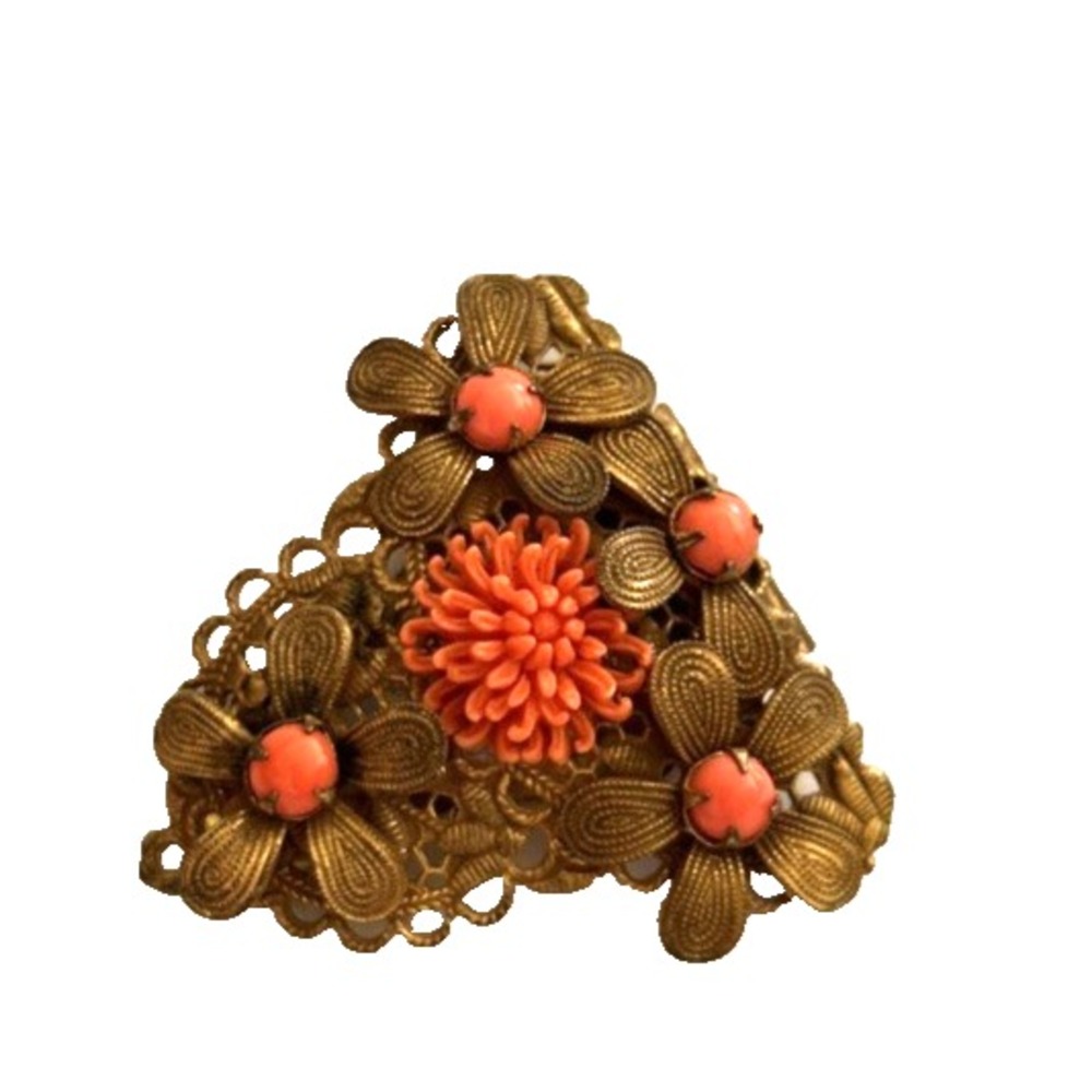 Vintage Brass Filigree Dress Clip Coral Celluloid Flower Coral Glass Bead 1.5